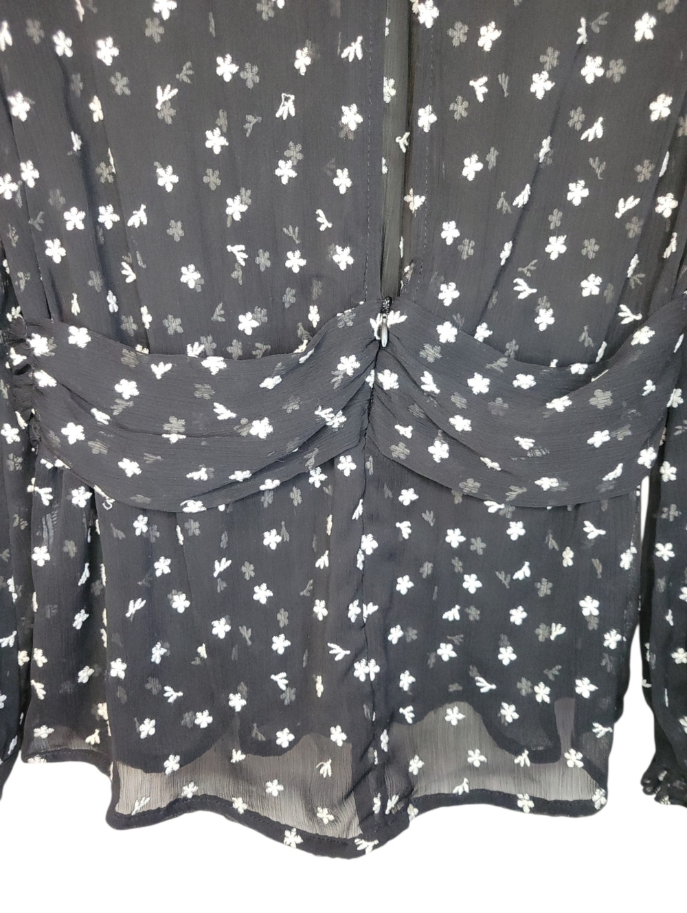 Zara Sheer Embroidered Blouse Small Black Floral Mesh Ruffle Neck Peplum Top - Picture 8 of 10